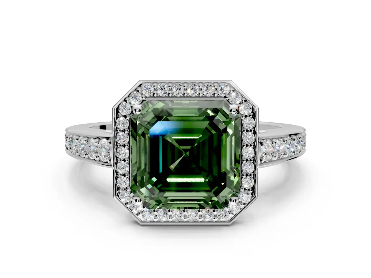 Bezel-Framed Halo Engagement Ring Setting for Fancy Green Asscher Cut Center with Pave Band and Prong Head in White Gold