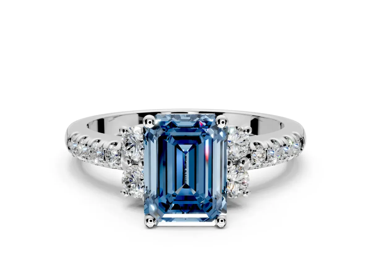 Paired Accent Engagement Ring Setting for Fancy Blue Emerald Cut Center with Pave Band and Prong Head in Sterling Silver