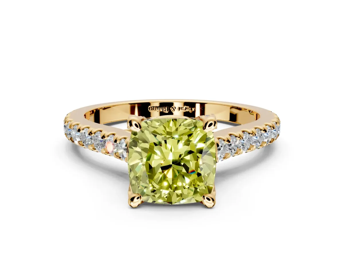 Solitaire Engagement Ring Setting for Fancy Yellow Cushion Cut Center with Widening Pave Band and Claw Prong Head in Yellow Gold