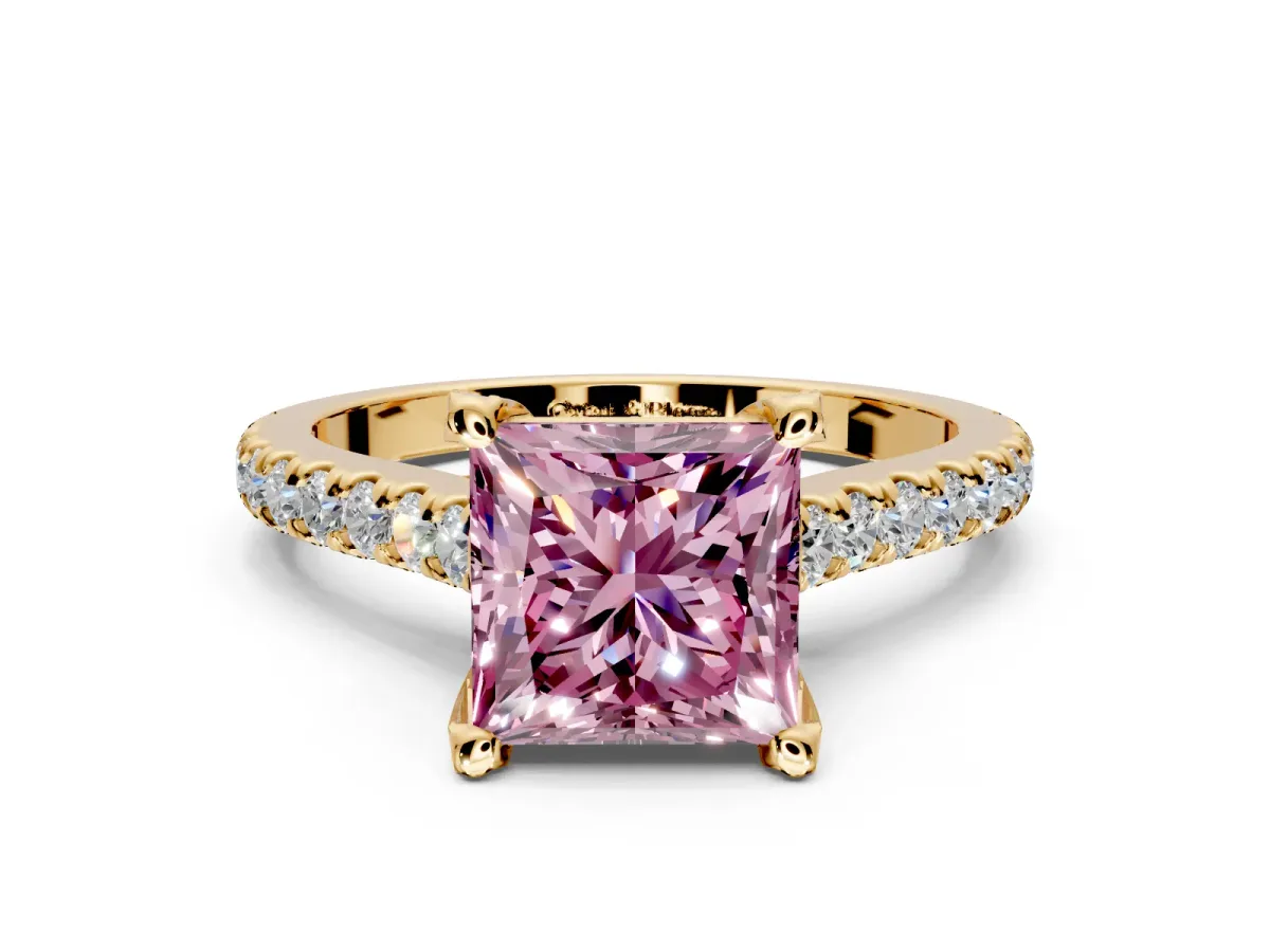 Solitaire Engagement Ring Setting for Fancy Pink Princess Cut Center with Widening Pave Band and Claw Prong Head in Yellow Gold