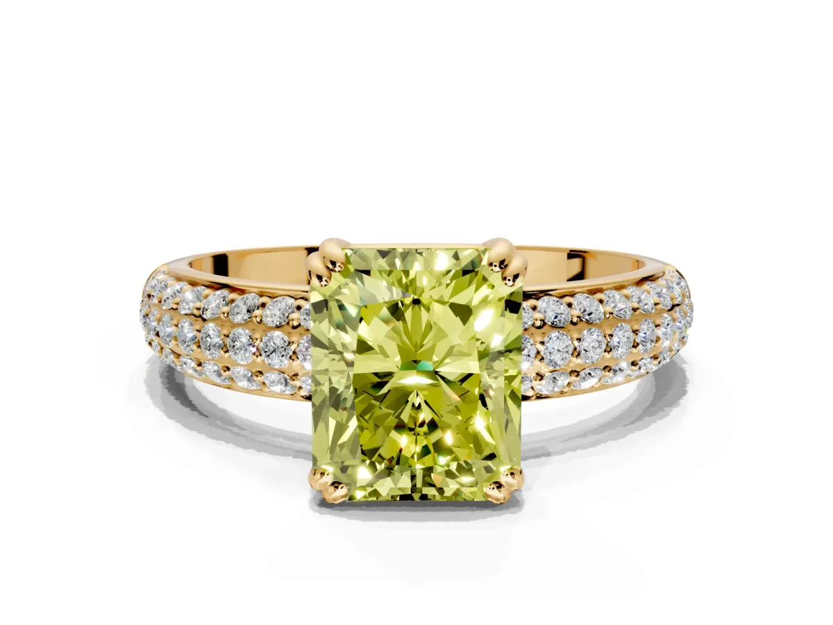 Solitaire Engagement Ring Setting for Fancy Yellow Radiant Cut Center with Multi-Row Pave Accents and Basket Head in Yellow Gold