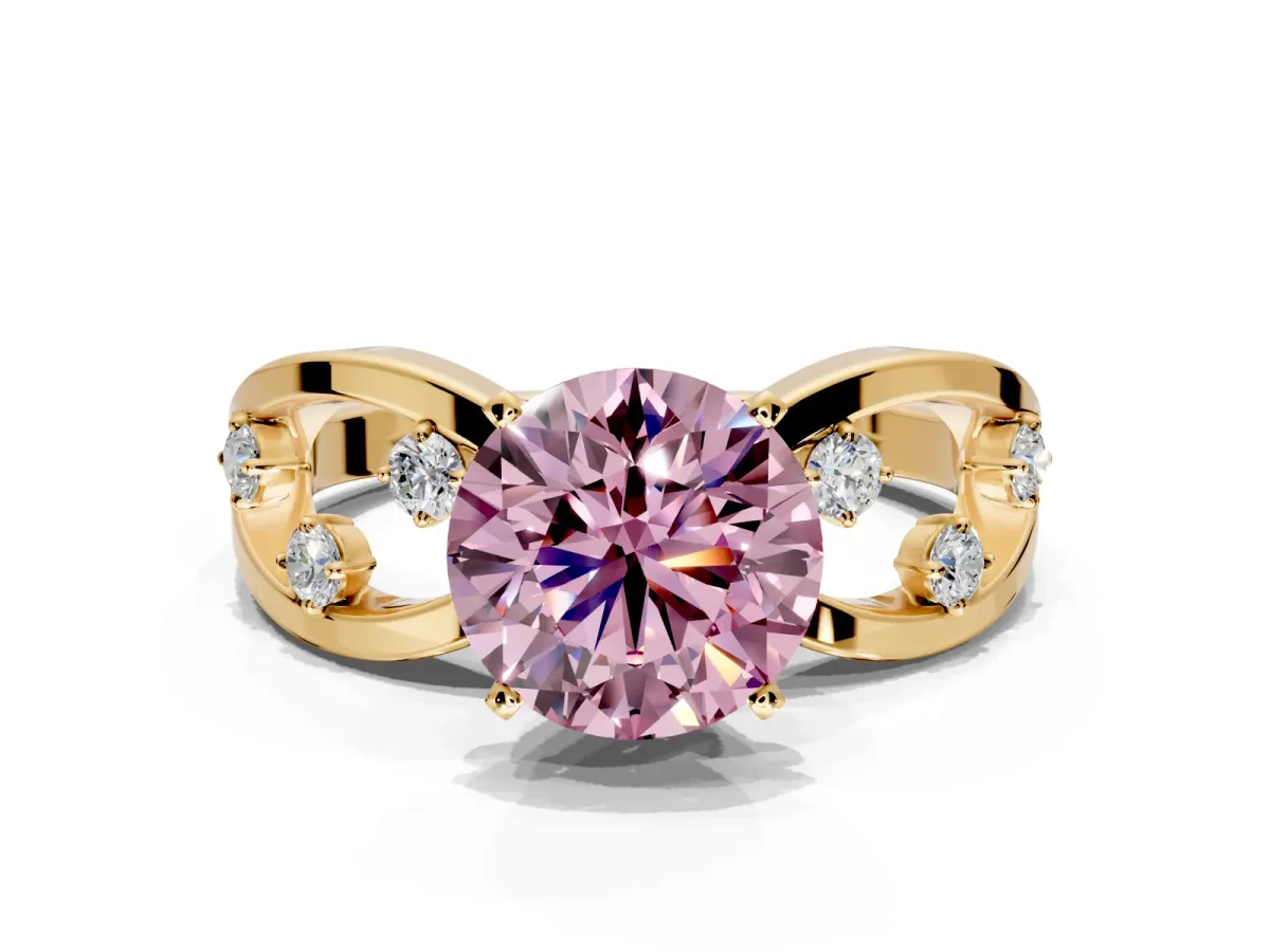 Solitaire Engagement Ring Setting for Fancy Pink Round Cut Center with Criss-Cross Accent Band and Prong Head in Yellow Gold