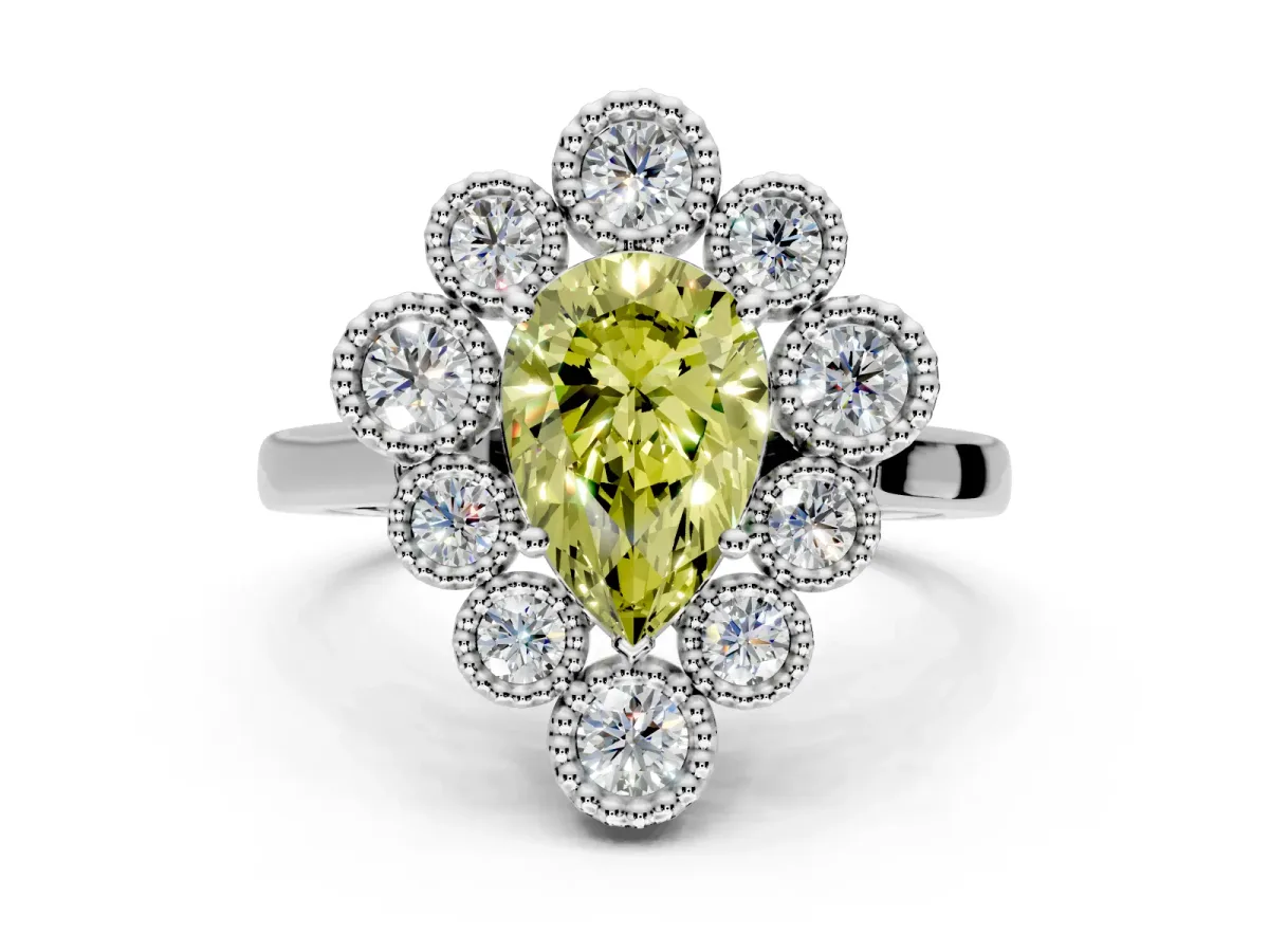 Cluster Halo Engagement Ring Setting for Fancy Yellow Pear-Shaped Center with Milgrain Bezel Accents and Prong Head in Sterling Silver