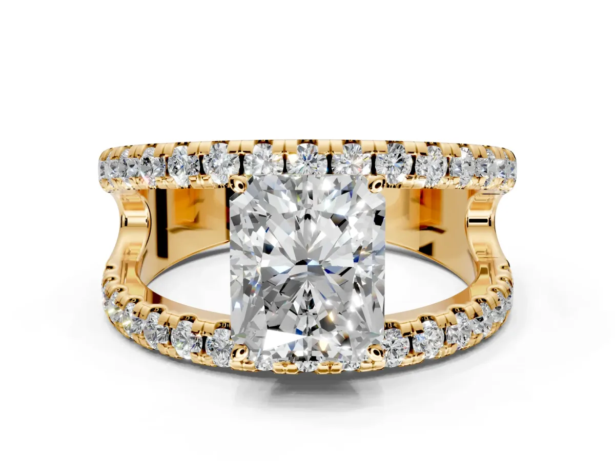 Solitaire Engagement Ring Setting for Radiant Cut Center with Wide-Open Split Shank and Prong Head in Yellow Gold