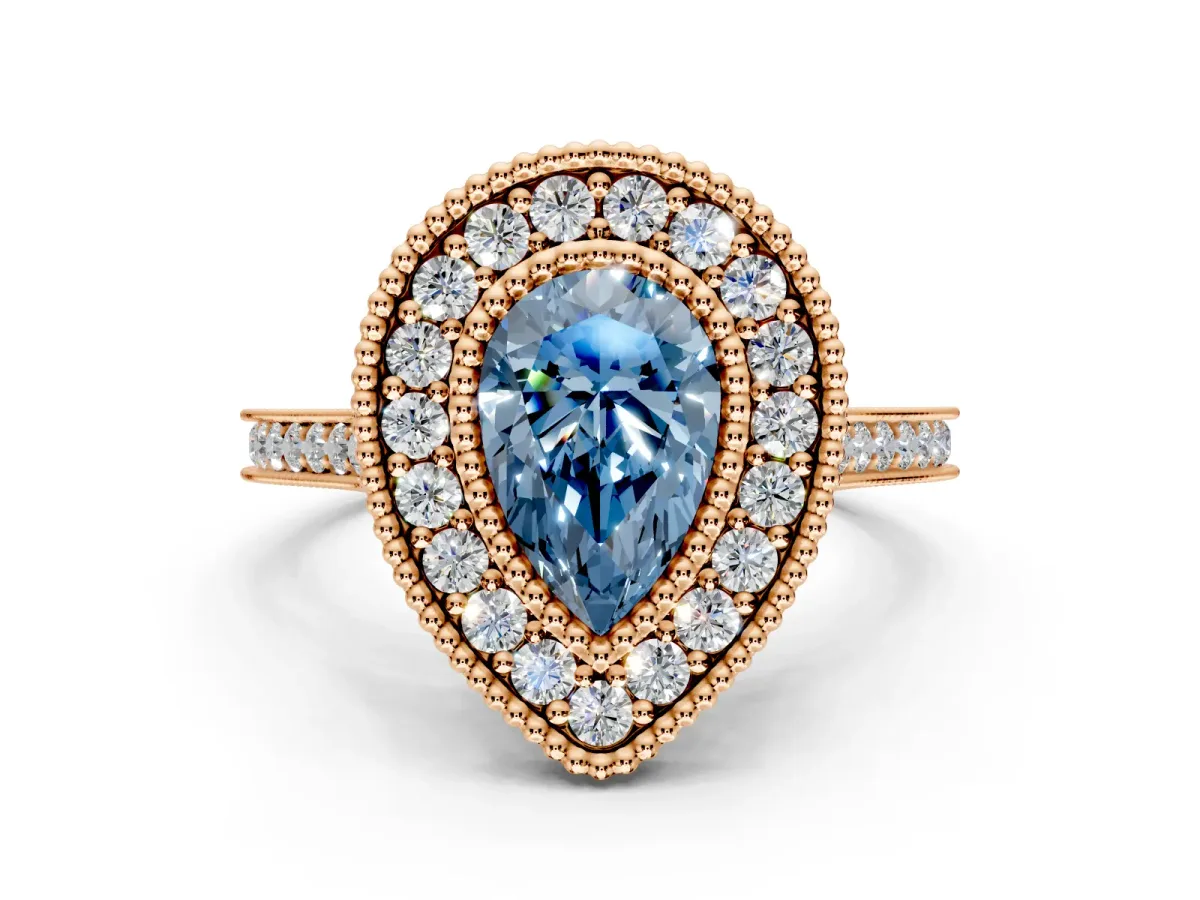 Halo Engagement Ring Setting for Fancy Blue Pear-Shaped Center with Milgrain Frame, Pave Band and Prong Head in Rose Gold