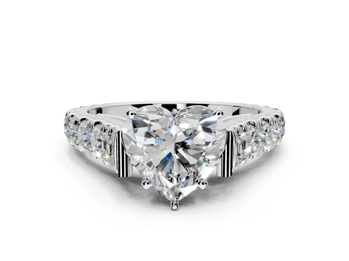 Solitaire Engagement Ring Setting for Heart-Shaped Center with Pave Cathedral Shoulders and Prong Head in White Gold