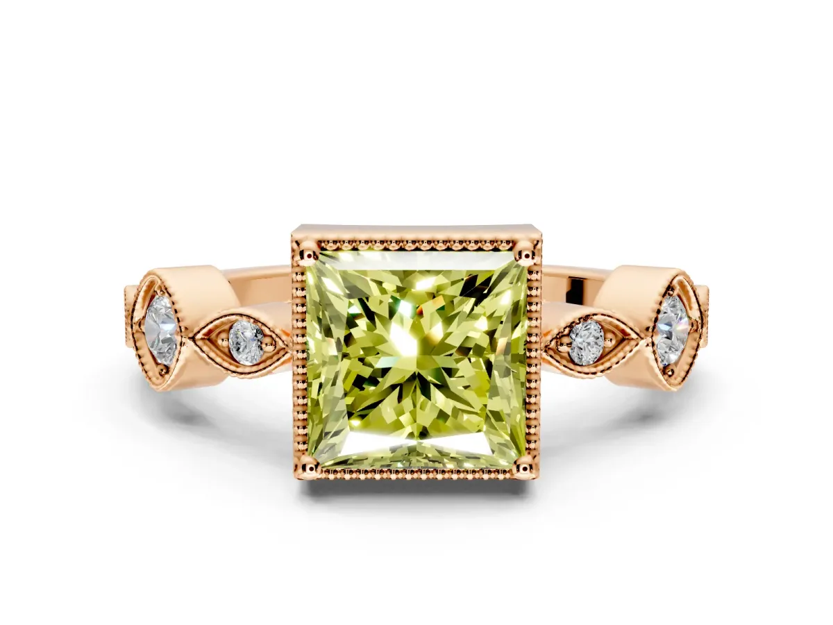 Vintage Station Engagement Ring Setting for Fancy Yellow Princess Cut Center with Accents and Prong Head in Rose Gold
