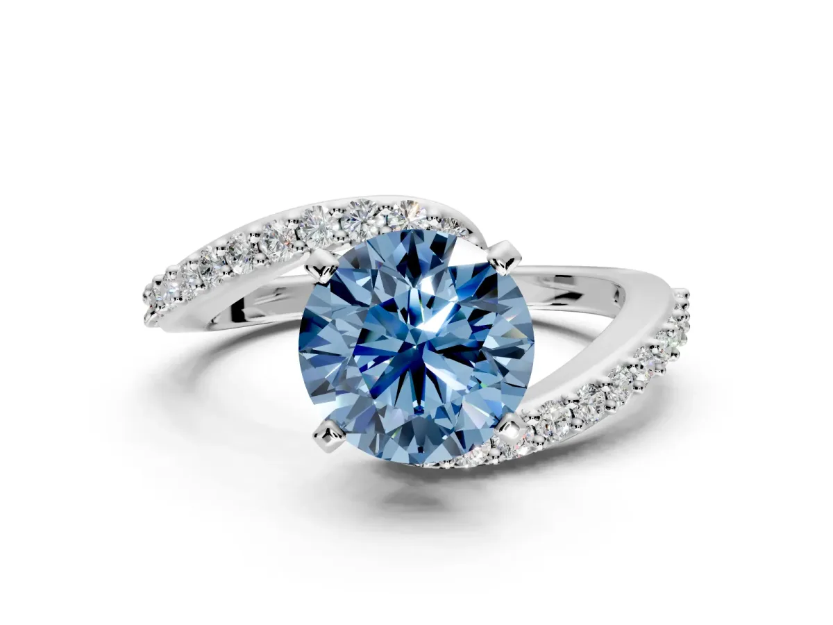 Solitaire Engagement Ring Setting for Fancy Blue Round Cut Center with Pave Bypass Swirl Band and Prong Head in Sterling Silver