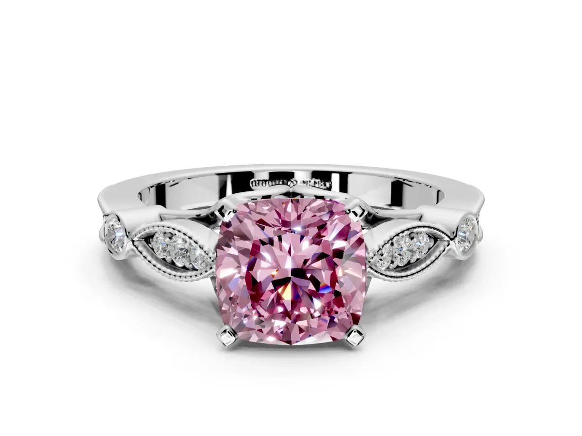 Solitaire Engagement Ring Setting for Fancy Pink Cushion Cut Center with Marquise and Bezel Accents and Prong Head in Platinum