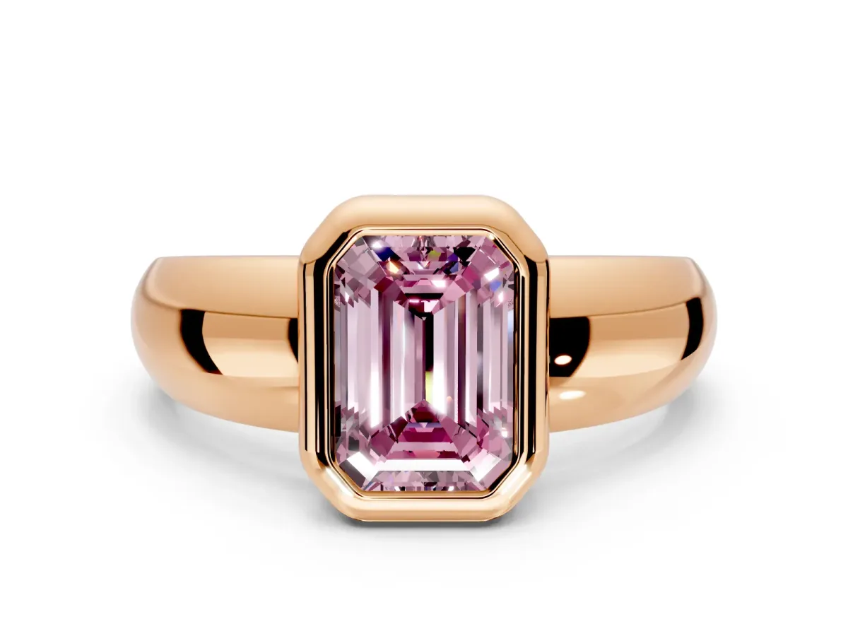 Solitaire Engagement Ring Setting for Fancy Pink Emerald Cut Center with Wide Band and Bezel Head in Rose Gold