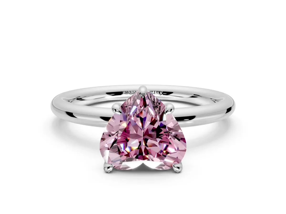 Hidden Halo Engagement Ring Setting for Fancy Pink Heart-Shaped Center with Thin Rounded Band and Prong Head in Platinum