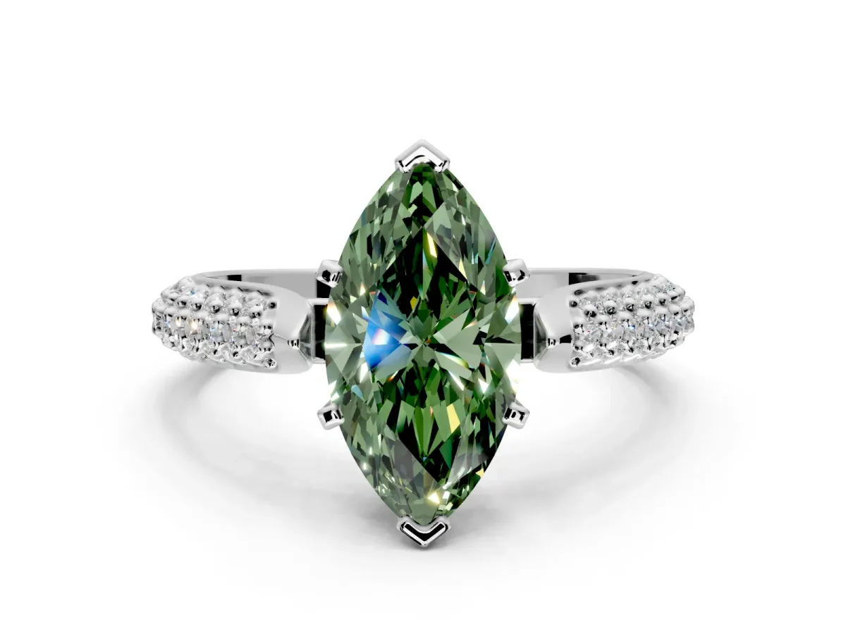 Solitaire Engagement Ring Setting for Fancy Green Marquise Center with Multi-Row Accents and Prong Head in Sterling Silver