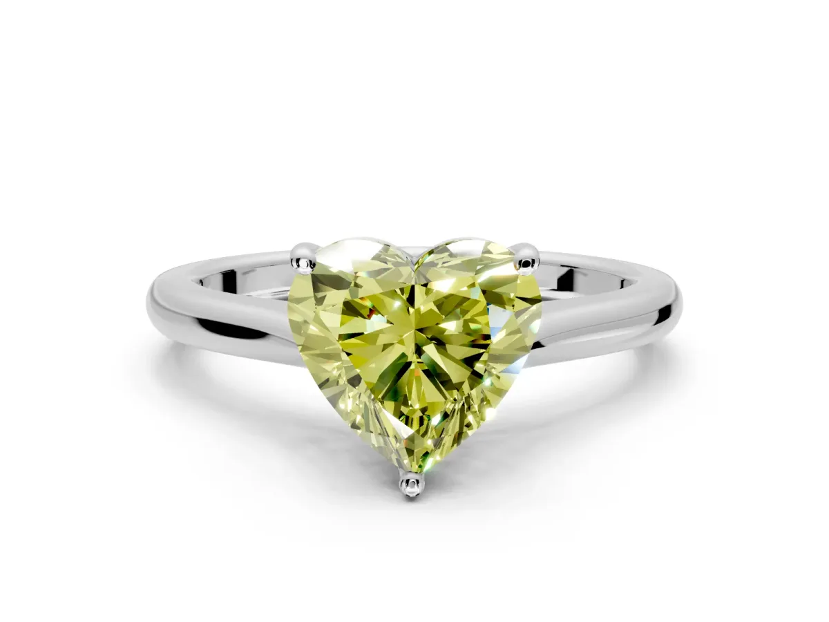 Solitaire Engagement Ring Setting for Fancy Yellow Heart-Shaped Center with Narrow Cathedral Band and Prong Head in White Gold