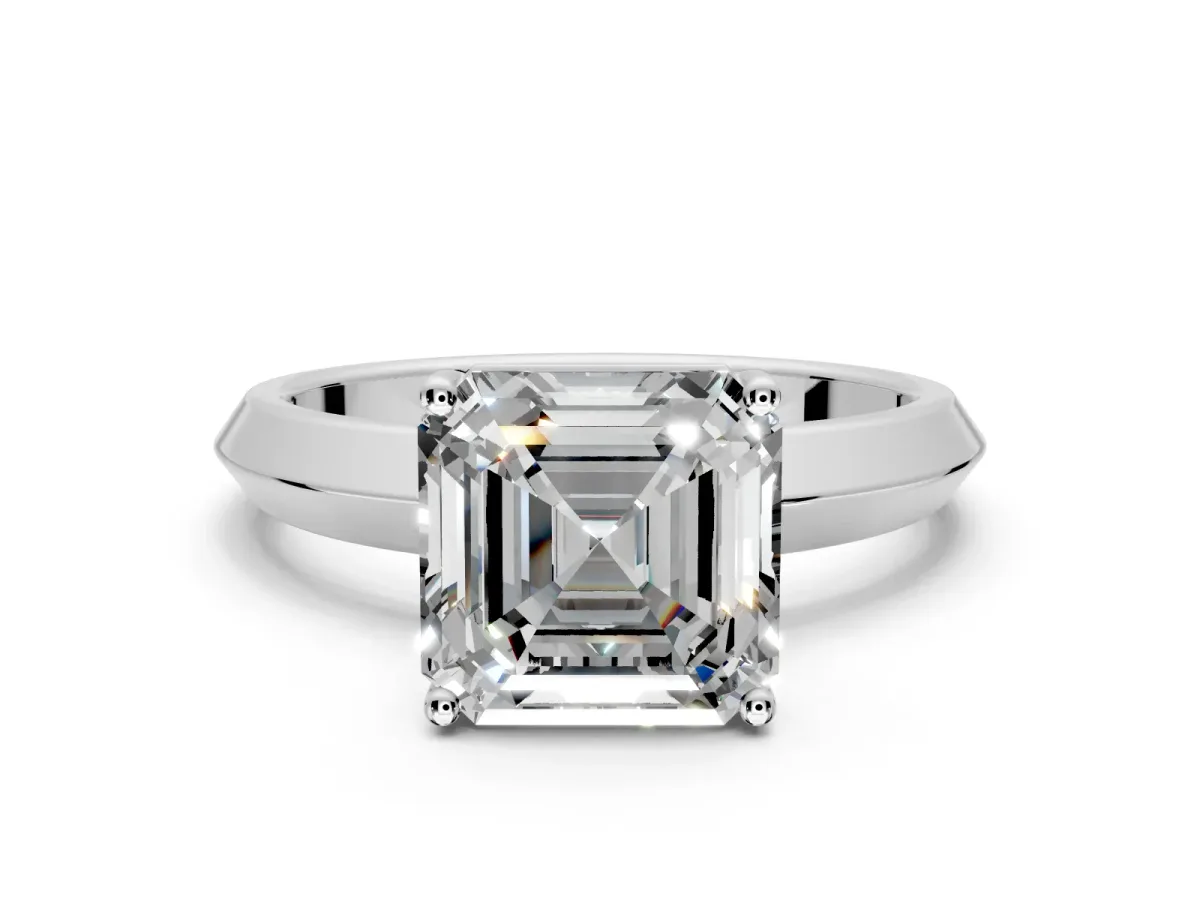 Solitaire Engagement Ring Setting for Asscher Cut Center with Wide Knife Ridge Band and Prong Head in Platinum