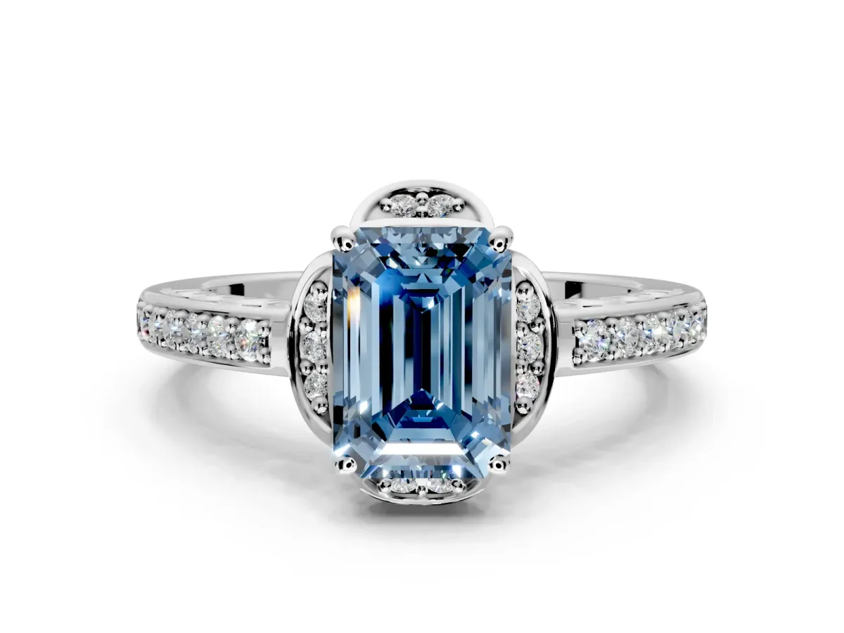 Floral Engagement Ring Setting for Fancy Blue Emerald Cut Center with Four Accent Clusters and Prong Head in White Gold