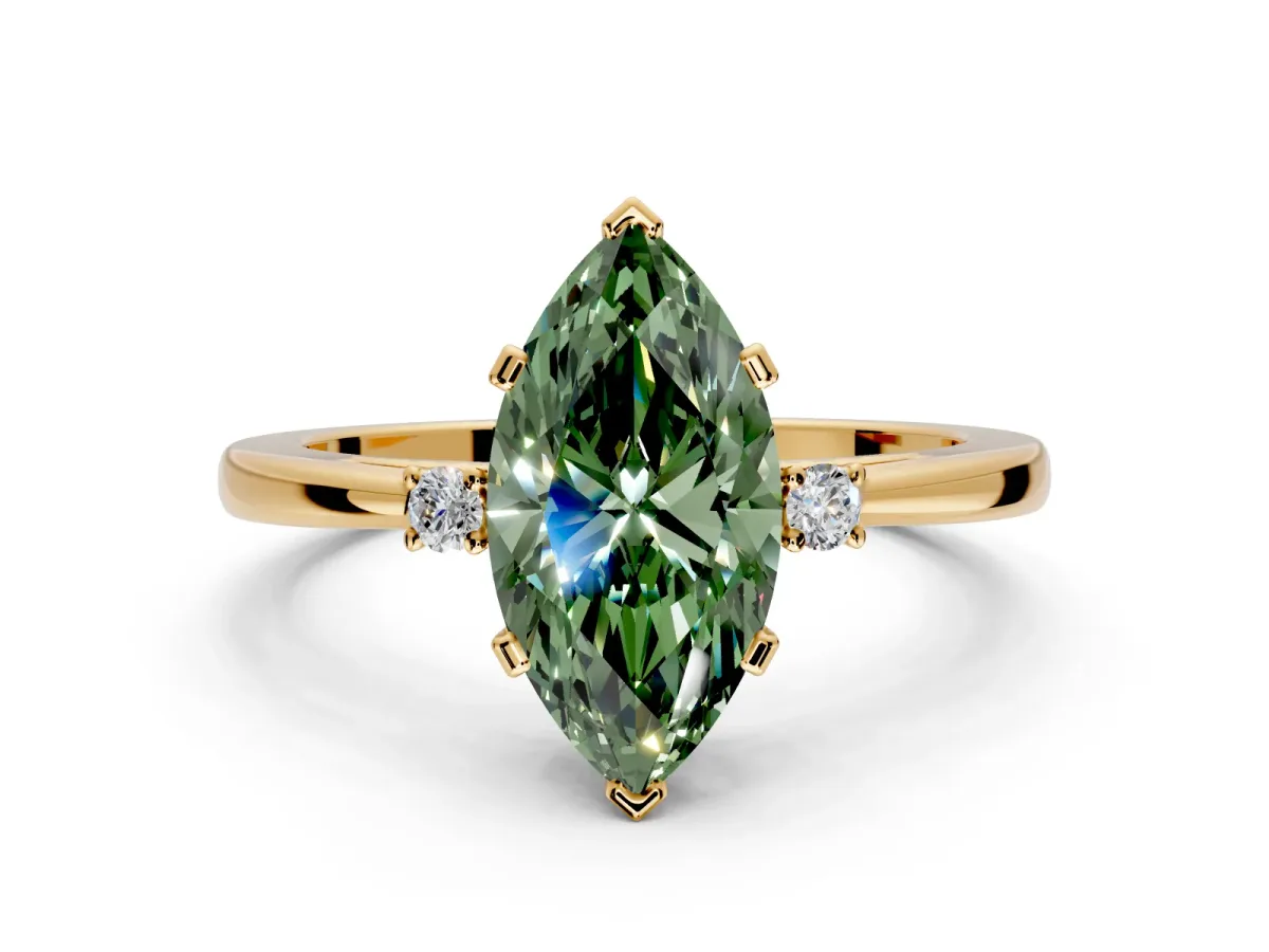 3 Stone Engagement Ring Setting for Fancy Green Marquise Center with Low-Set Round Cut Accents and Prong Head in Yellow Gold