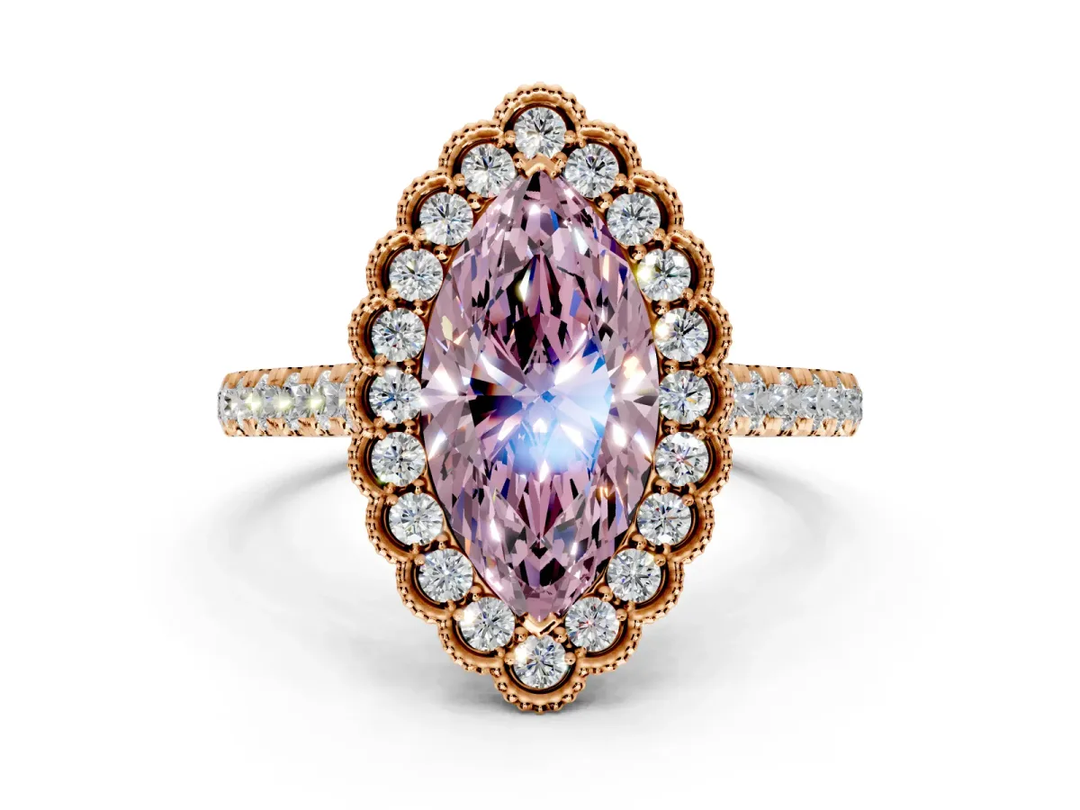 Milgrain Floral Halo Engagement Ring Setting for Fancy Pink Marquise Center with Pave Band and Prong Head in Rose Gold
