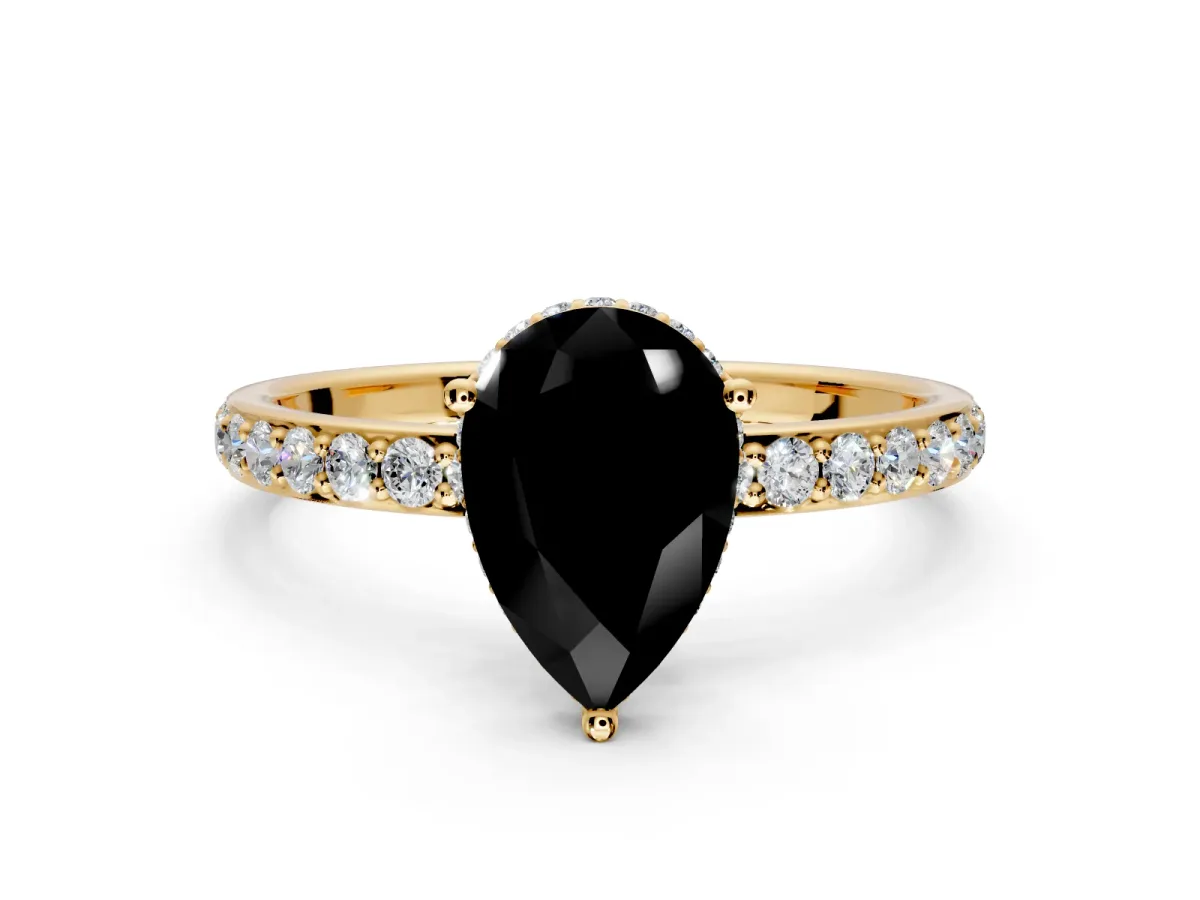 Hidden Halo Engagement Ring Setting for Fancy Black Pear-Shaped Center with Pave Band and Prong Head in Yellow Gold