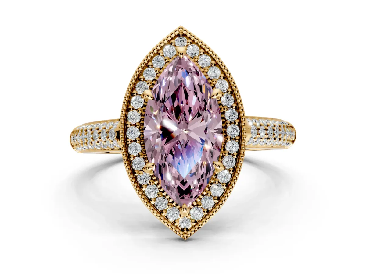 Milgrain Halo Engagement Ring Setting for Fancy Pink Marquise Center with Three-Sided Pave Band and Prong Head in Yellow Gold