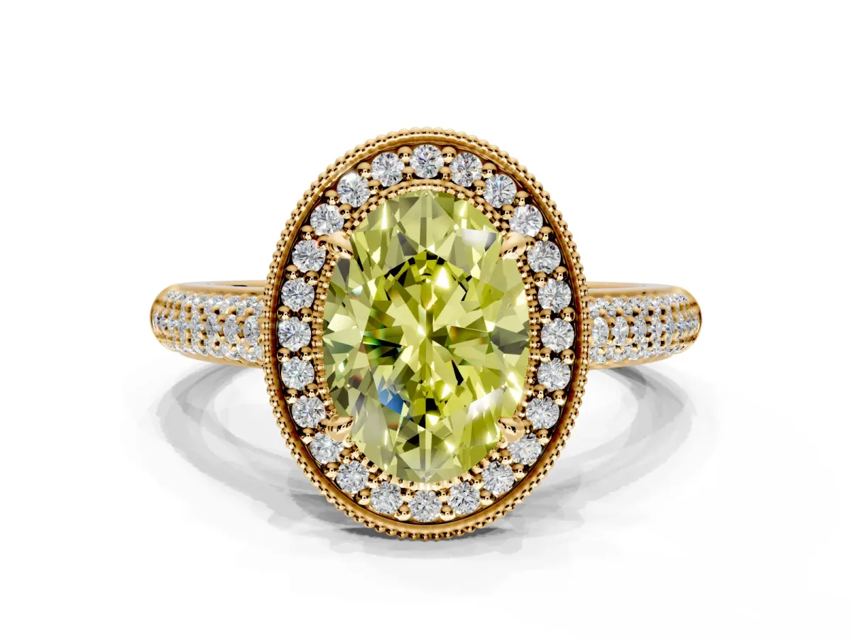 Milgrain Halo Engagement Ring Setting for Fancy Yellow Oval Center with Three-Sided Pave Band and Prong Head in Yellow Gold