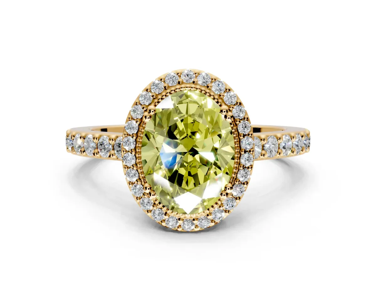 Halo Engagement Ring Setting for Fancy Yellow Oval Center with Inner Milgrain Border and Prong Head in Yellow Gold