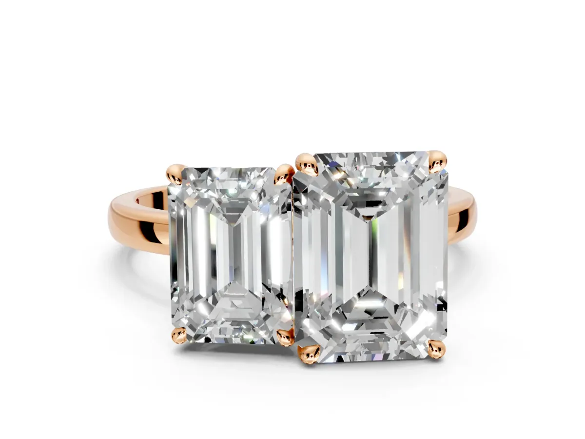 Emerald Cut and Emerald Cut Lab-Grown Diamond Toi et Moi Engagement Ring with Prong-Set Stones in Rose Gold