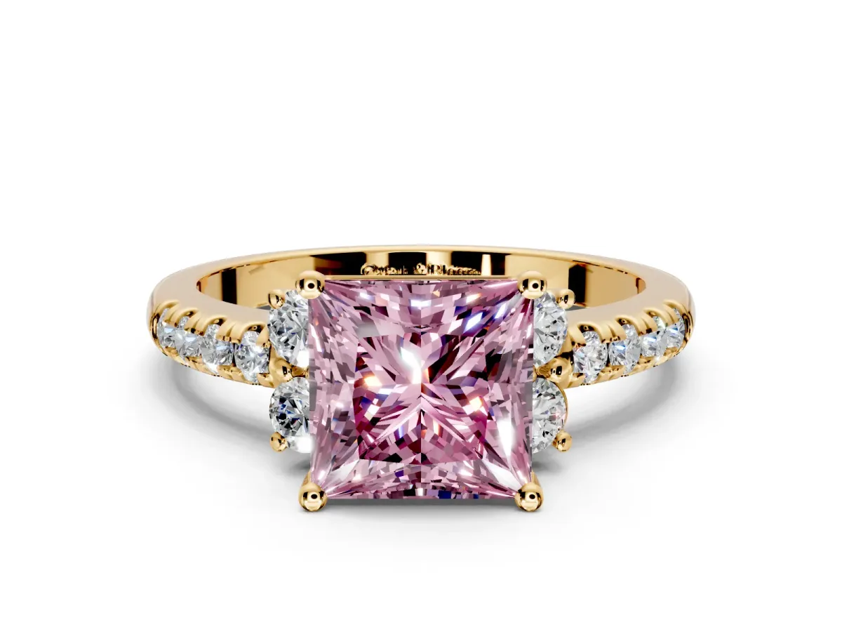 Paired Accent Engagement Ring Setting for Fancy Pink Princess Cut Center with Pave Band and Prong Head in Yellow Gold