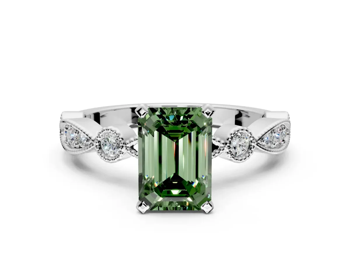 Solitaire Engagement Ring Setting for Fancy Green Emerald Cut Center with Milgrain Bezel Accents and Prong Head in Platinum