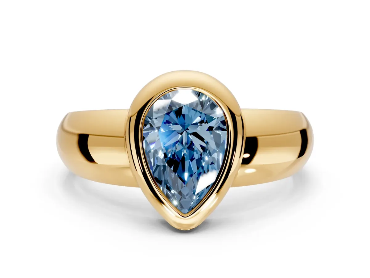 Solitaire Engagement Ring Setting for Fancy Blue Pear-Shaped Center with Wide Band and Bezel Head in Yellow Gold