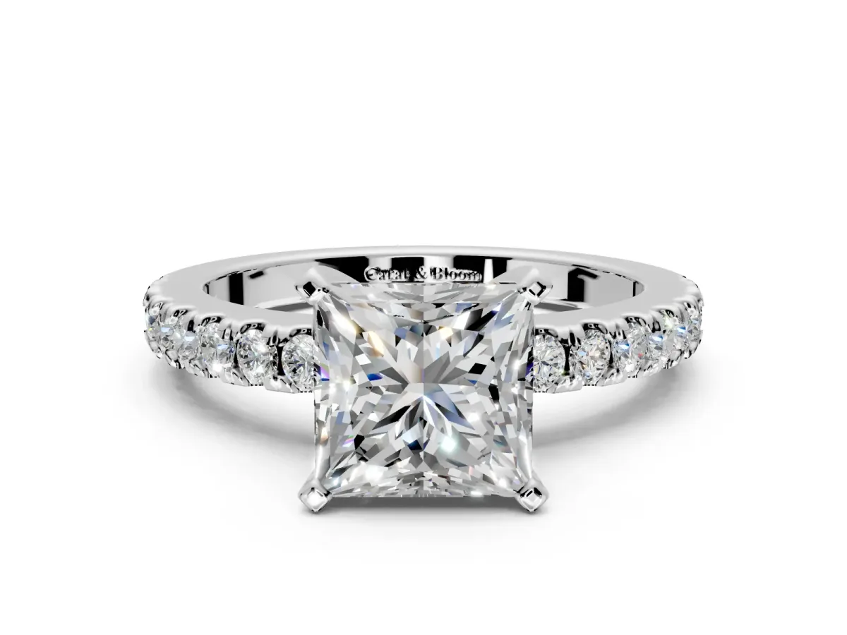 Solitaire Engagement Ring Setting for Princess Cut Center with Single Row Accent Band and Prong Head in Platinum