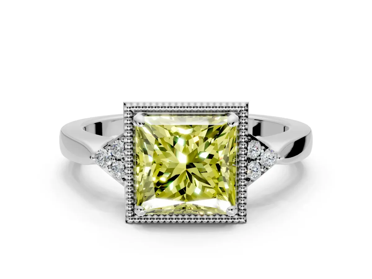 Cluster Engagement Ring Setting for Fancy Yellow Princess Cut Center with Milgrain Shoulder Clusters and Prong Head in Sterling Silver