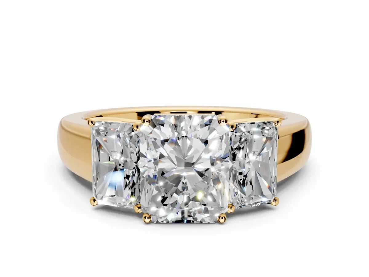 3 Stone Engagement Ring Setting for Radiant Cut Center with Raised Basket Heads and Prong Head in Yellow Gold