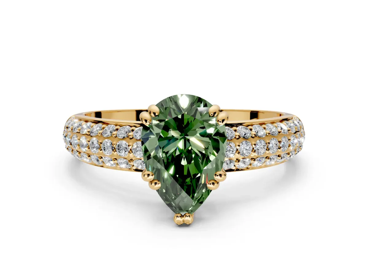 Solitaire Engagement Ring Setting for Fancy Green Pear-Shaped Center with Multi-Row Pave Accents and Basket Head in Yellow Gold