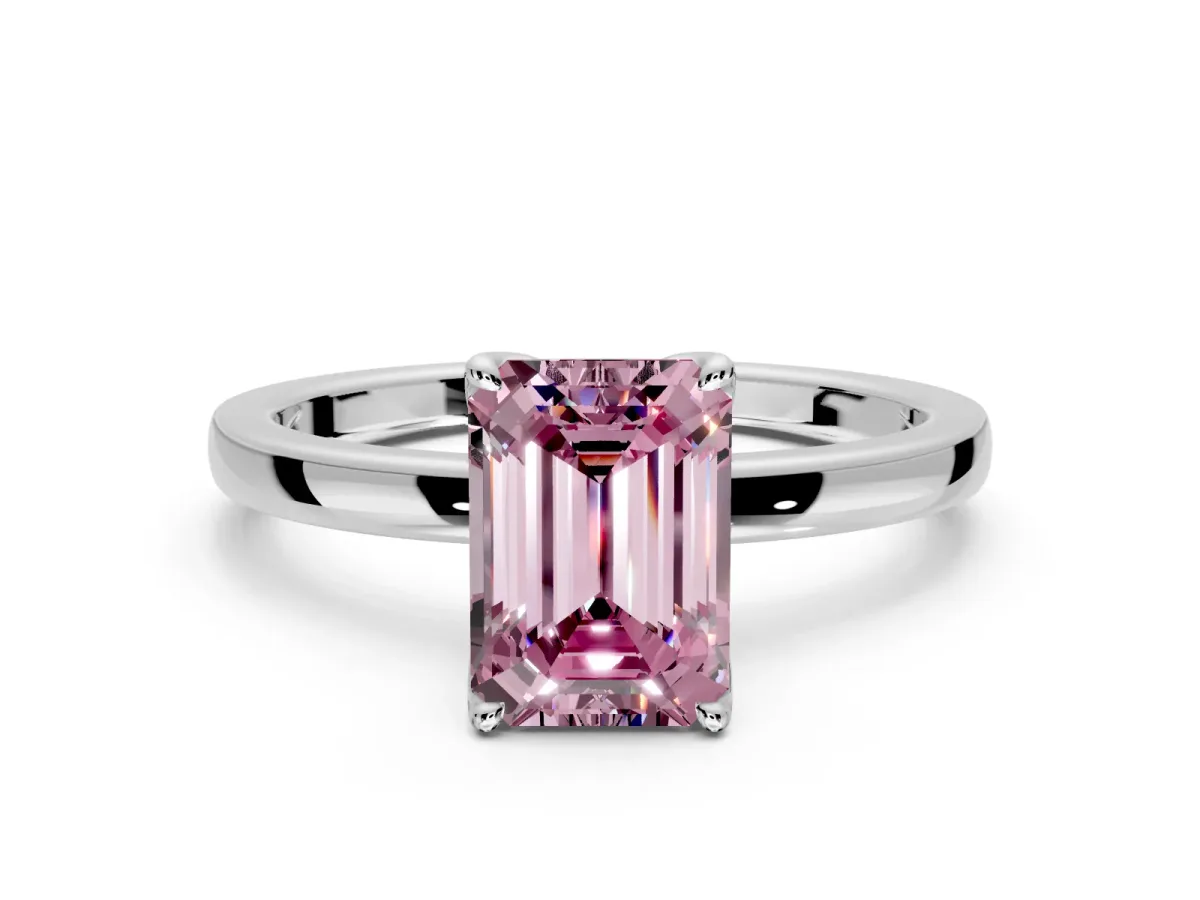 Solitaire Engagement Ring Setting for Fancy Pink Emerald Cut Center with Thin Rounded Plain Band and Prong Head in Platinum
