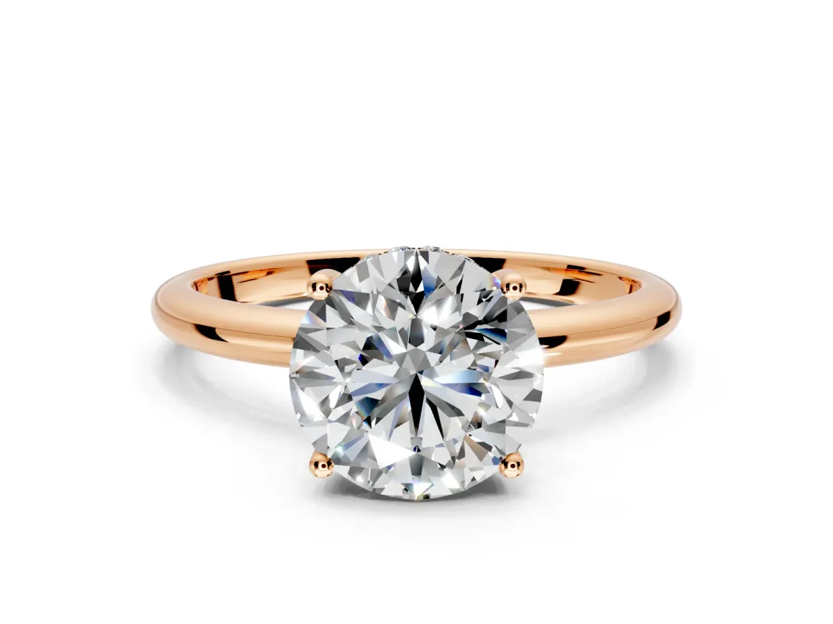 Hidden Halo Engagement Ring Setting for Round Cut Center with Thin Round-Wire Band and Prong Head in Rose Gold