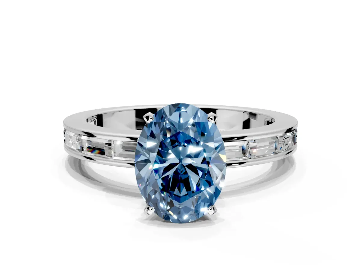 Solitaire Engagement Ring Setting for Fancy Blue Oval Center with Channel Baguette Band and Prong Head in Sterling Silver