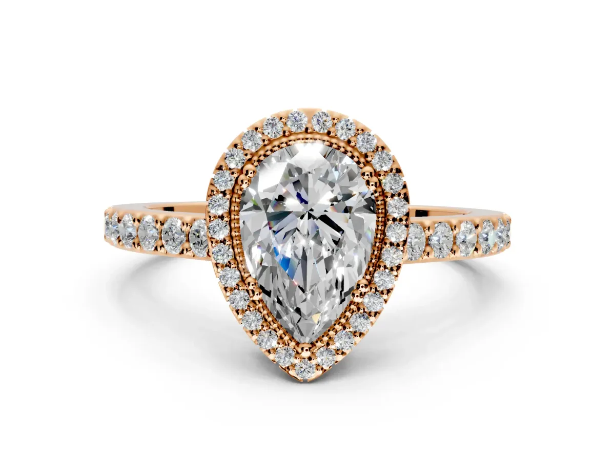 Halo Engagement Ring Setting for Pear-Shaped Center with Inner Milgrain Border and Prong Head in Rose Gold
