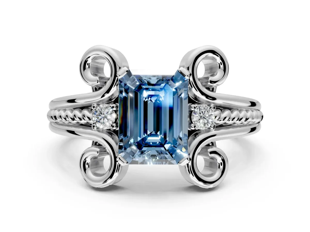 Solitaire Engagement Ring Setting for Fancy Blue Emerald Cut Center with Twisted Band and Scroll Prong Head in Sterling Silver