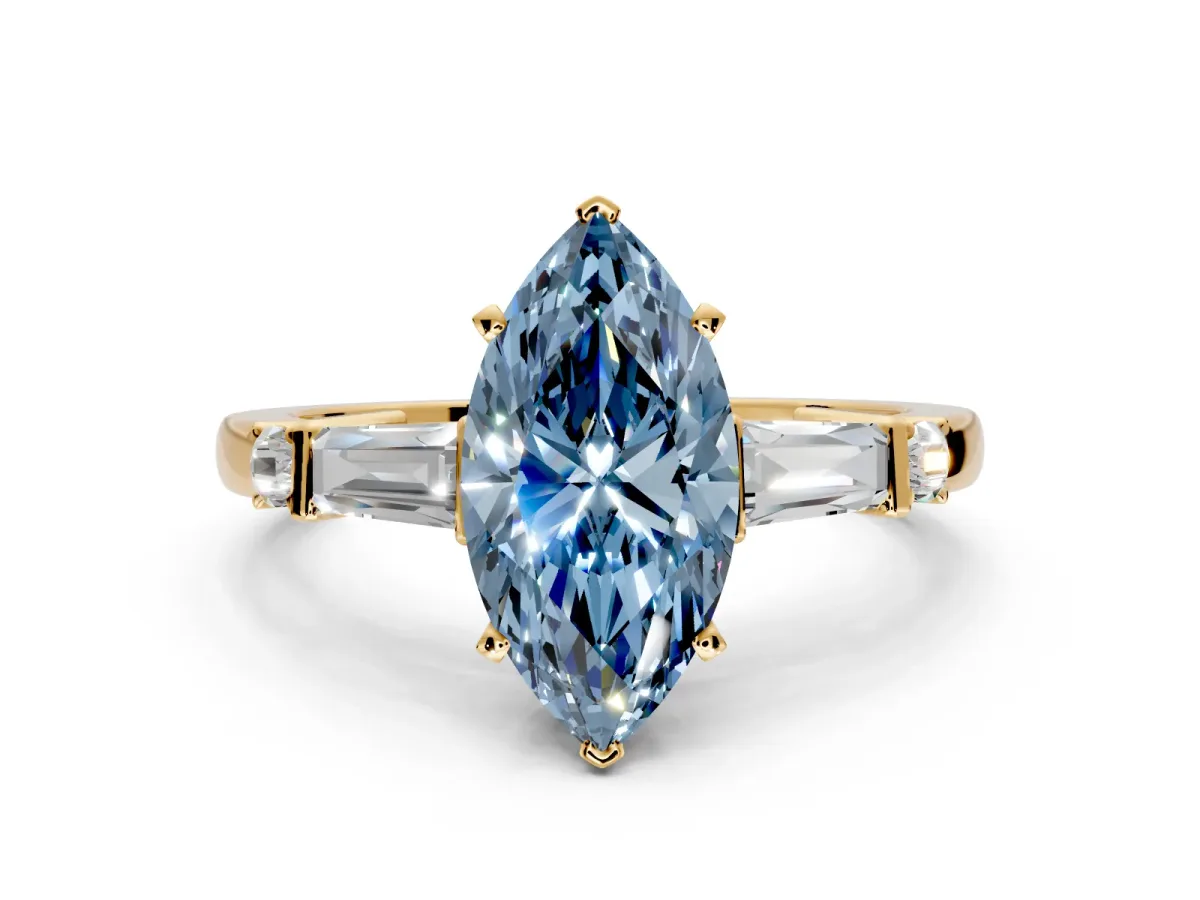 Bar-Set Engagement Ring Setting for Fancy Blue Marquise Center with Tapered Baguette Accents and Prong Head in Yellow Gold