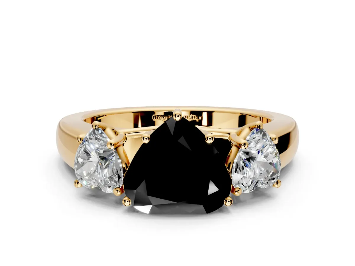 3 Stone Engagement Ring Setting for Fancy Black Heart-Shaped Center with Raised Basket Heads and Prong Head in Yellow Gold