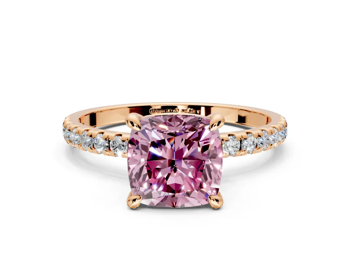 Solitaire Engagement Ring Setting for Fancy Pink Cushion Cut Center with Fine Pave Narrow Band and Prong Head in Rose Gold