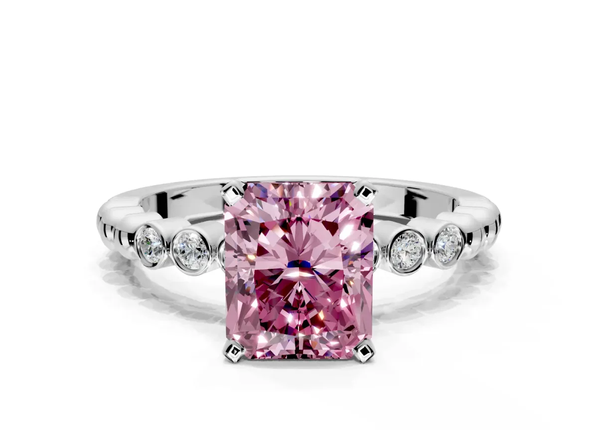 Solitaire Engagement Ring Setting for Fancy Pink Radiant Cut Center with Bezel-Dot Beaded Band and Prong Head in Sterling Silver