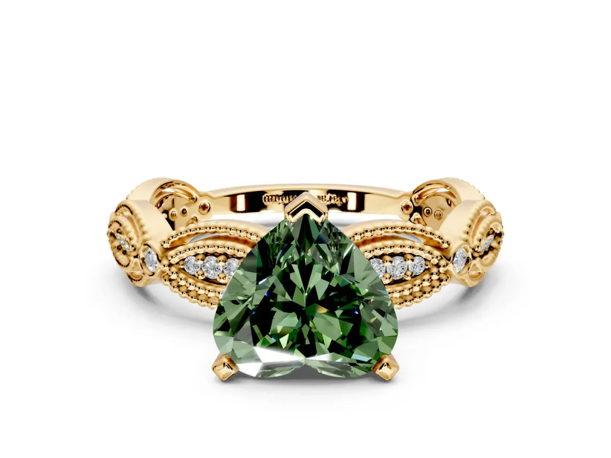 Solitaire Engagement Ring Setting for Fancy Green Heart-Shaped Center with Marquise Panel Band and Prong Head in Yellow Gold