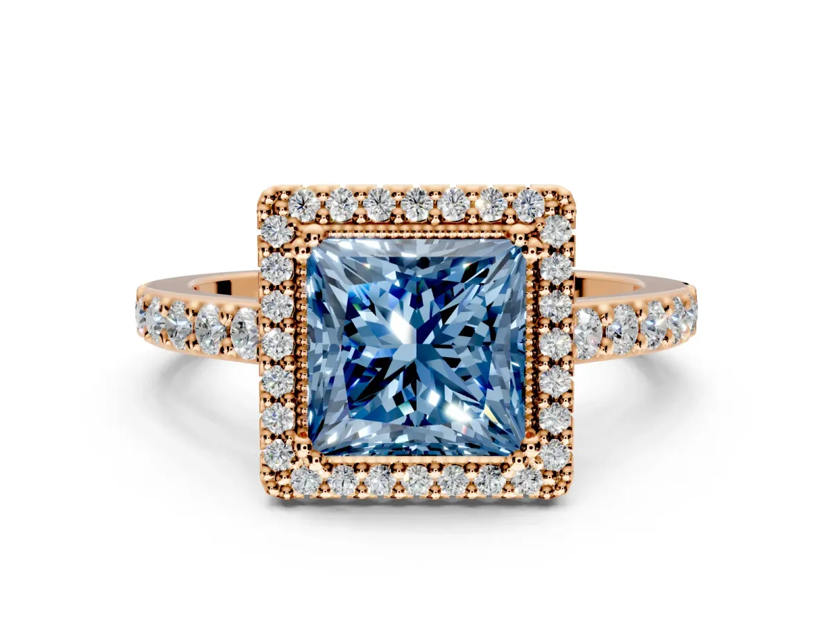 Halo Engagement Ring Setting for Fancy Blue Princess Cut Center with Inner Milgrain Border and Prong Head in Rose Gold