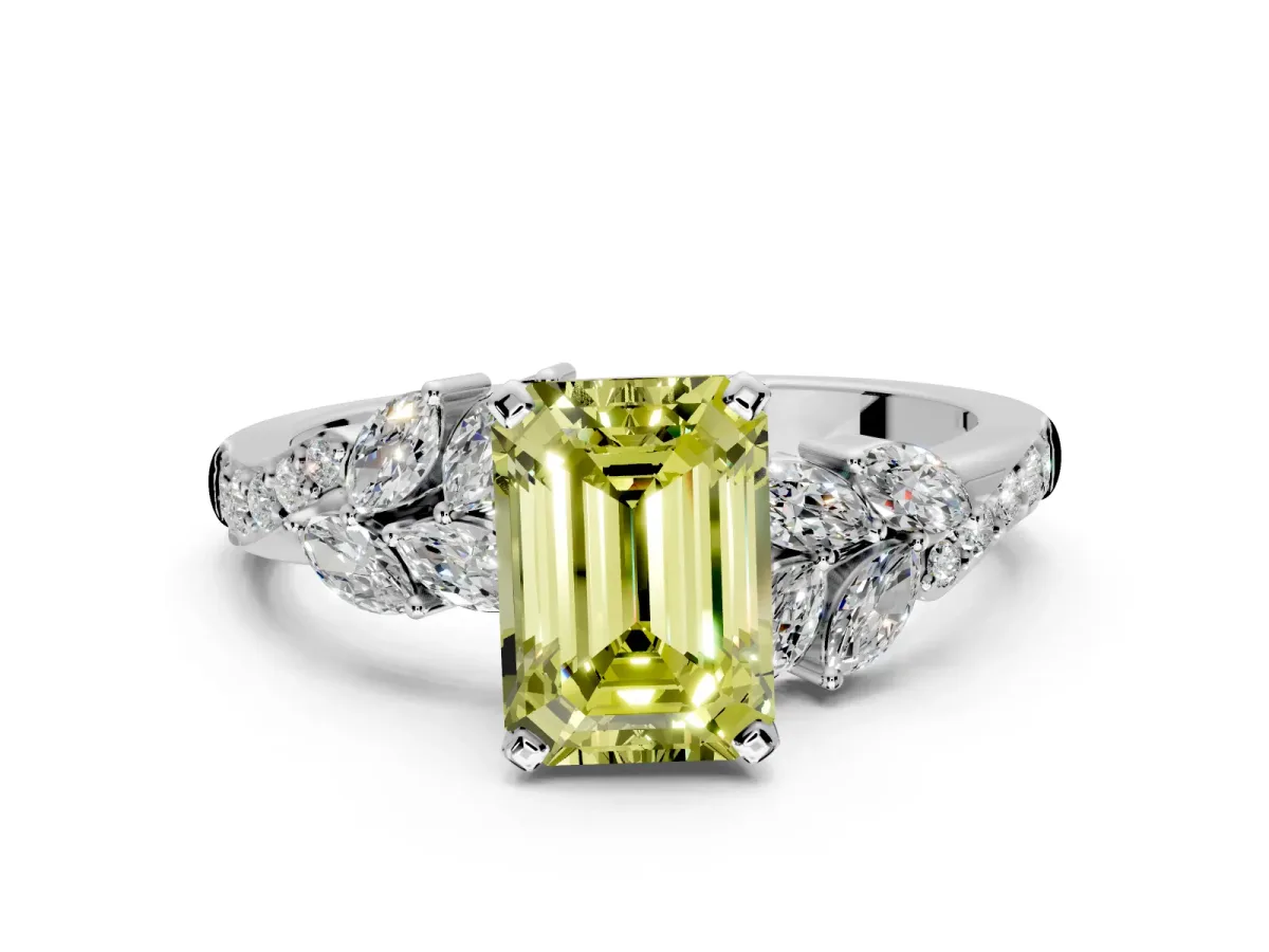 Solitaire Engagement Ring Setting for Fancy Yellow Emerald Cut Center with Marquise Accent Twist Band and Prong Head in Platinum