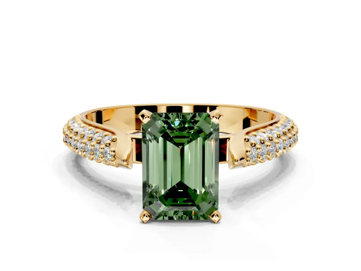 Solitaire Engagement Ring Setting for Fancy Green Emerald Cut Center with Multi-Row Accents and Prong Head in Yellow Gold
