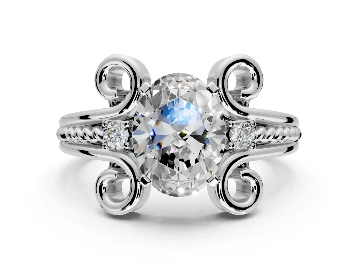 Solitaire Engagement Ring Setting for Oval Center with Twisted Band and Scroll Prong Head in Platinum