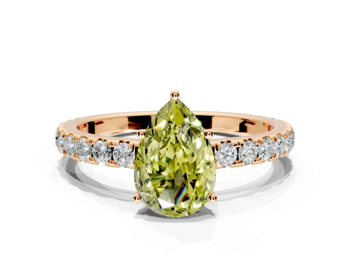 Solitaire Engagement Ring Setting for Fancy Yellow Pear-Shaped Center with Large Accent Band and Prong Head in Rose Gold
