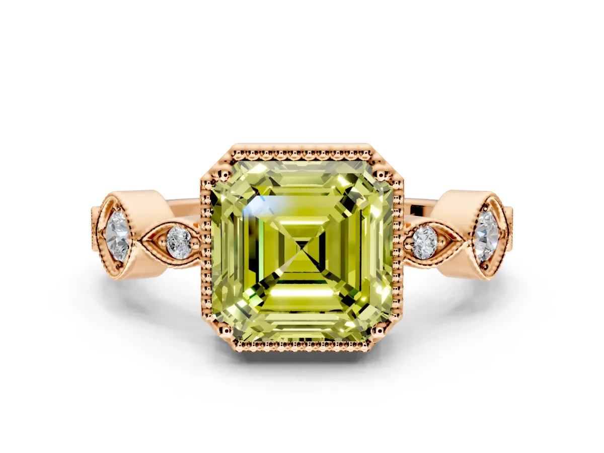 Vintage Station Engagement Ring Setting for Fancy Yellow Asscher Cut Center with Accents and Prong Head in Rose Gold
