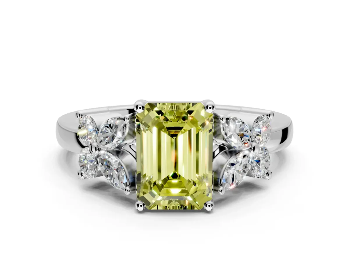 Floral Engagement Ring Setting for Fancy Yellow Emerald Cut Center with Marquise Cluster Shoulders and Prong Head in Platinum